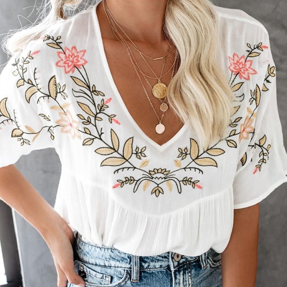 Vici White Blouse with Floral Embroidery